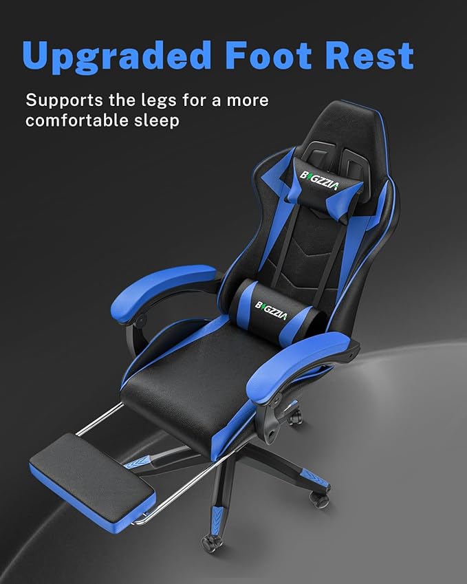 Gaming Chair with Footrest High Back Ergonomic Computer Gamer Chair with Headrest and Lumbar Support Racing Style Reclining Game Chair for Adults Kids (Blue-Black)
