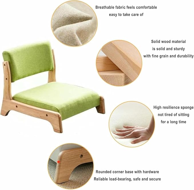 ELEFOCUS Japanese Floor Chair with Back SupportLow-Back Meditation Floor Seat with Soft CushionPortable Timber Armless Tatami Chair(Grey Cotton a)