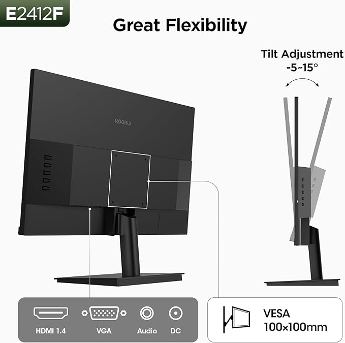 KOORUI 24-inch Computer Monitor Full HD 1920 x 1080p 100Hz VA Display 4000:1 Contrast Ratio with HDMI VGA TÜV Rheinland Certified 100 x 100 mm VESA Mountable Ultra-Slim Design Tilt Black E2412F