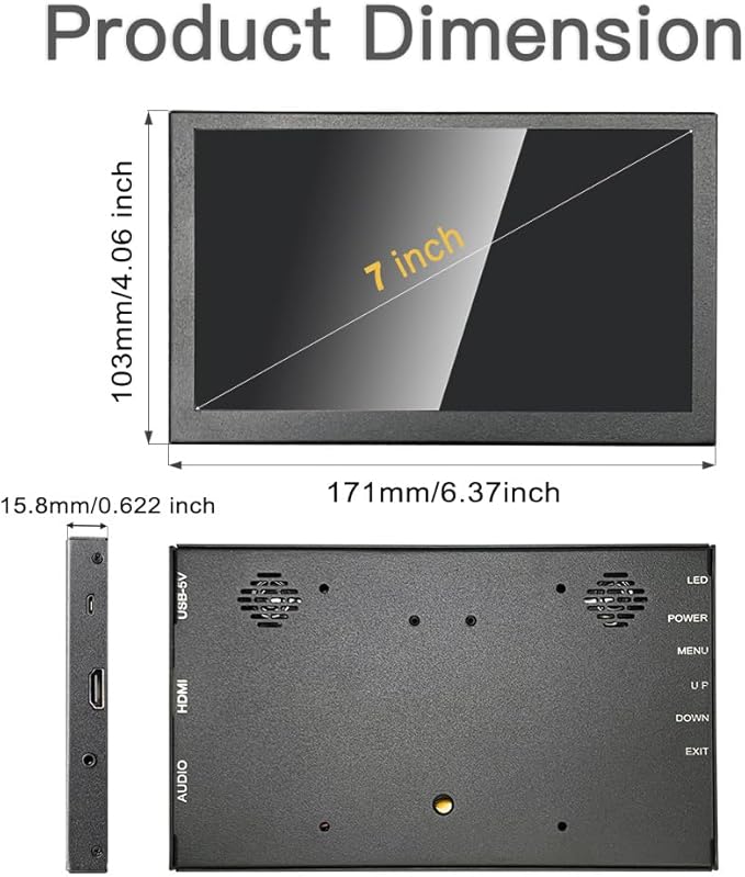 7 inch Mini Monitor HDMI LCD Display PC Case Secondary Screen 1024x600 IPS Small Portable Monitor with Speakers PC Temperature Display for Laptop Windows