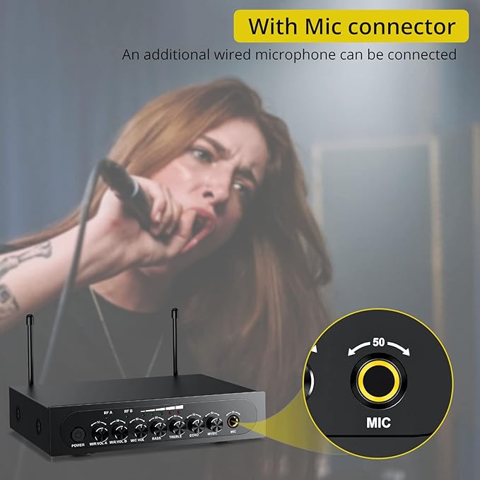 PROZOR UHF Wireless Microphone with Volume Treble Bass Echo Control Wireless Rechargeable Mic Dual Handheld Dynamic Mic System (Bluetooth UHF Base Station – Echo/Treble/Bass Control)