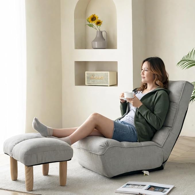 360° Swivel Floor Gaming Chair Floor Chair 14 Adjustable Head Segments 3 Waist Segments Ergonomic Recliner for Gaming Reading Living Room Includes Footrests (Cement Grey)