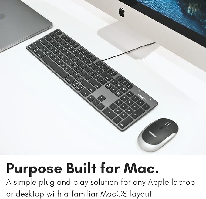 Macally Slim USB Wired Keyboard for Mac - Compatible Full Size Apple Keyboard with 104 Key Layout &amp 16 Shortcut Keys - Scissor Keycaps for Tactile Typing for Mac mini MacBook Pro/Air iMac