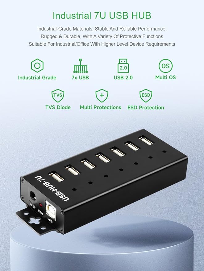 Waveshare Industrial Grade USB HUB Extending 7X USB 2.0 Ports Industrial-Grade Materials Stable and Reliable Performance Rugged &amp Durable with A Variety of Protective Functions