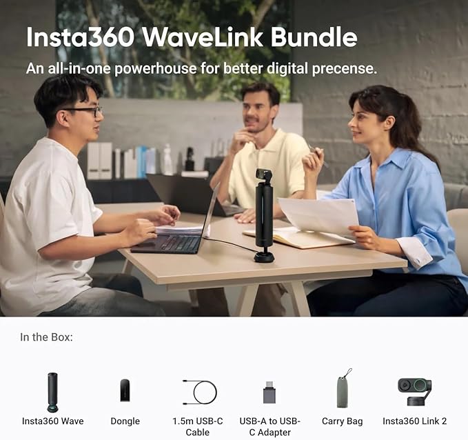Insta360 WaveLink Bundle- Professional Speakerphone with AI Recording SuiteVoice Recorder 8 Noise-Canceling Mics w/Beamforming AI Transcript 99 Languages 32GB Meetings(Wave+Link 2)