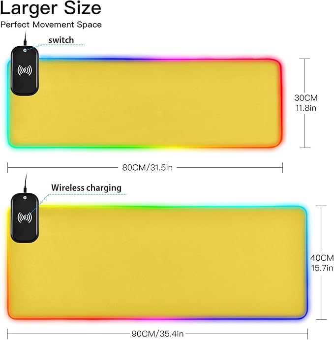 Gold Mouse Pad Gaming Mousepad Non Slip Desk Mat Wireless Charging RGB Computer Mouse Pads Keyboard Mats Pad for Home Office Desktop 35.4 x 15.7 in