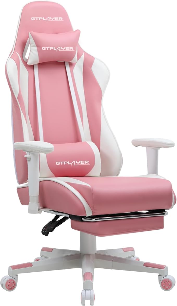 GTPLAYER Gaming Chair with Footrest Ergonomic Computer Game Desk Chair Reclining Gamer Chair Seat Height Adjustment Swivel Rocker with Headrest and Lumbar (Pink)