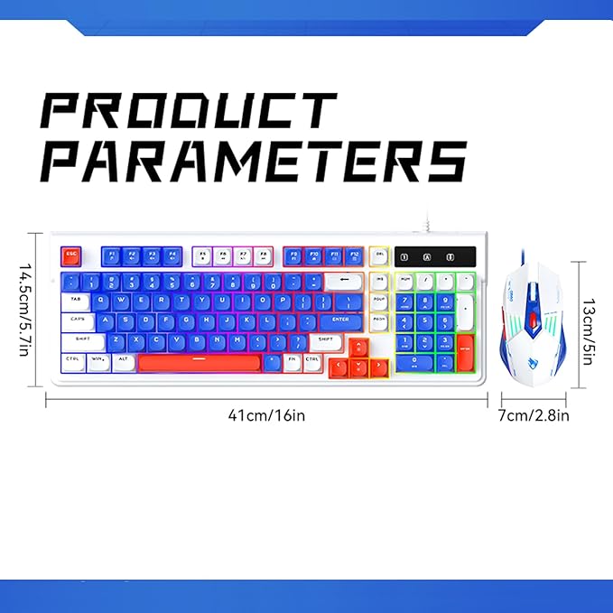 Wired Gaming Keyboard and MouseRainbow LED Mechanical Feeling Gaming Keyboard and 3600DPI Mouse Combo with 19-Keys Anti-Ghosting 98keys Compact StylePlug &amp Play to PCLaptopWindows-Blue and Wh