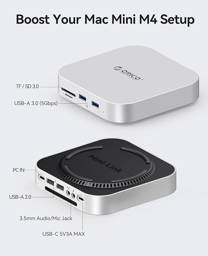 ORICO MiniLink Mac mini M4 Dock &amp Stand Hub with 2 × USB 3.0 Ports (5Gbps) 2 × USB 2.0 Ports SD/TF Card Readers (3.0) 3.5mm Headphone &amp Microphone Jacks Compatible with Mac mini M4/M4 Pro
