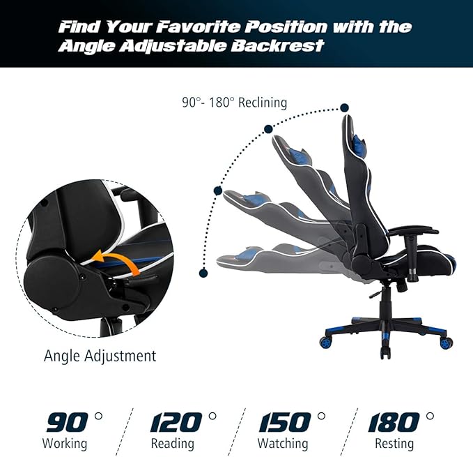POWERSTONE Gaming Chair - Office Computer Gaming Racing Chair with Lumbar Massager Support PU Leather Adjustable Arms Headrest High-Back Recliner Ergonomic Rolling Swivel (Blue)