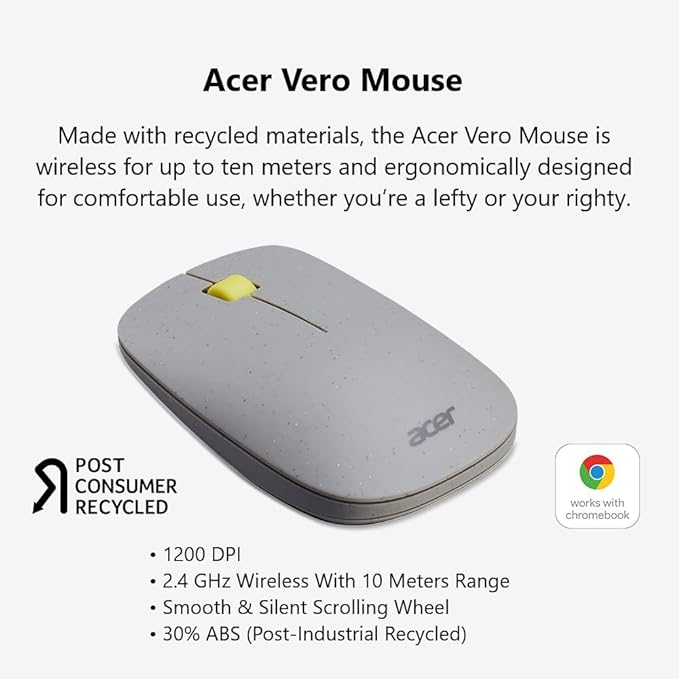 acer Vero 3 Button Mouse | 2.4GHz Wireless | 1200DPI | Made with Post-Consumer Recycled (PCR) Material | Certified Works with Chromebook | Gray