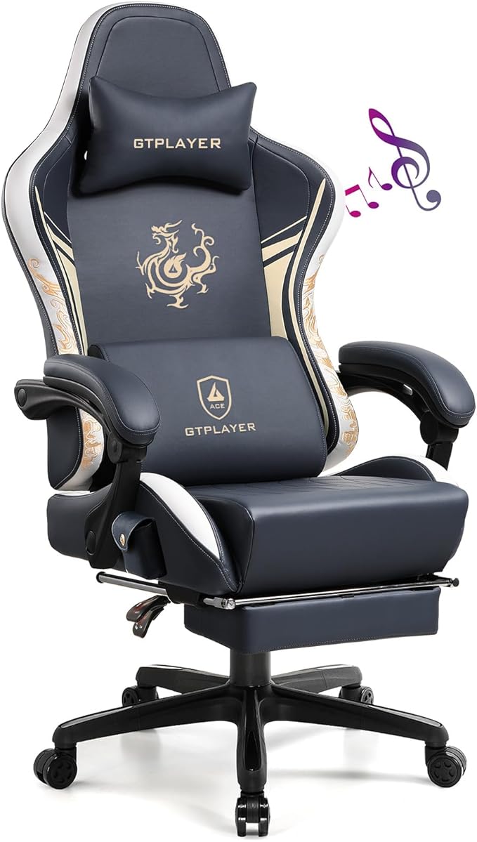 GTPLAYER Gaming Chair with Bluetooth Speakers and Footrest Dragon Series Video Game Chair Heavy Duty Ergonomic Esports Computer Office Chair(BLUEGRAY)