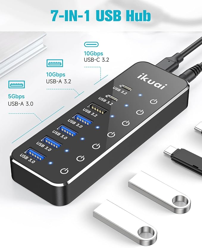 Powered USB Hub ikuai 7-Port USB 3.2 / USB C Hub with 3 10Gbps Data Ports (2 USB-C + 1 USB-A) and 4 USB A 3.0 Ports for PC Laptops