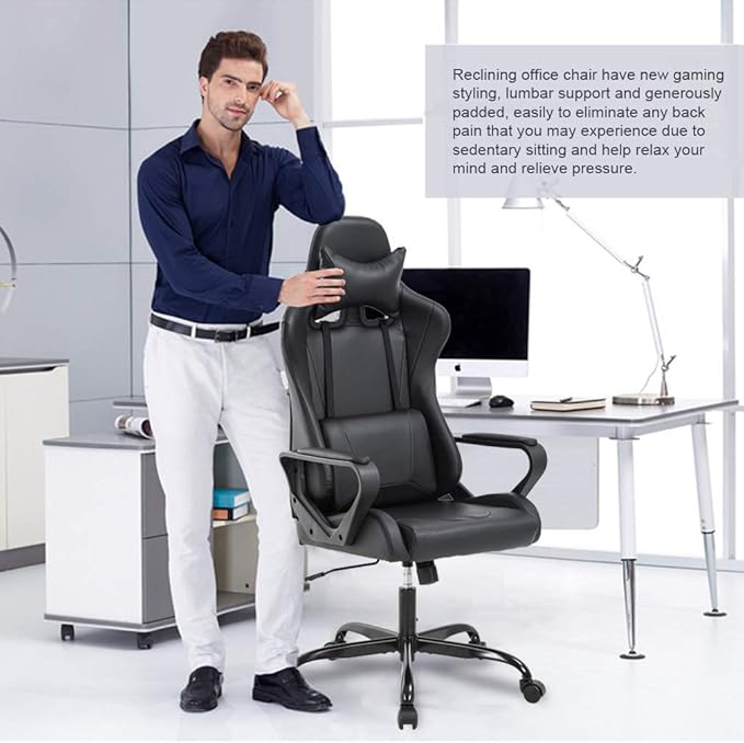 Gaming Chair with Lumbar Support High-Back Office Chair for Adults with Ergonomic Computer Racing Chair PU Desk Task Chair with Support Flip Up Arms Headrest Black
