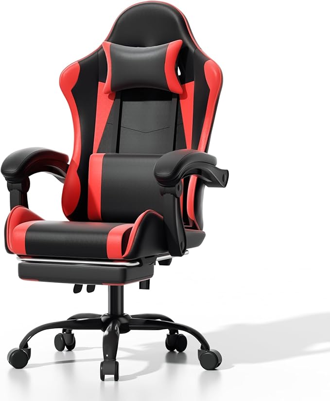 Athena Collection Ergonomic Gaming Chair with Footrest &amp Headrest Lumbar Support Height Adjustable Swivel Office Chair Reclining Game Chair Leather High Back Computer Chair for Adults Kids Red