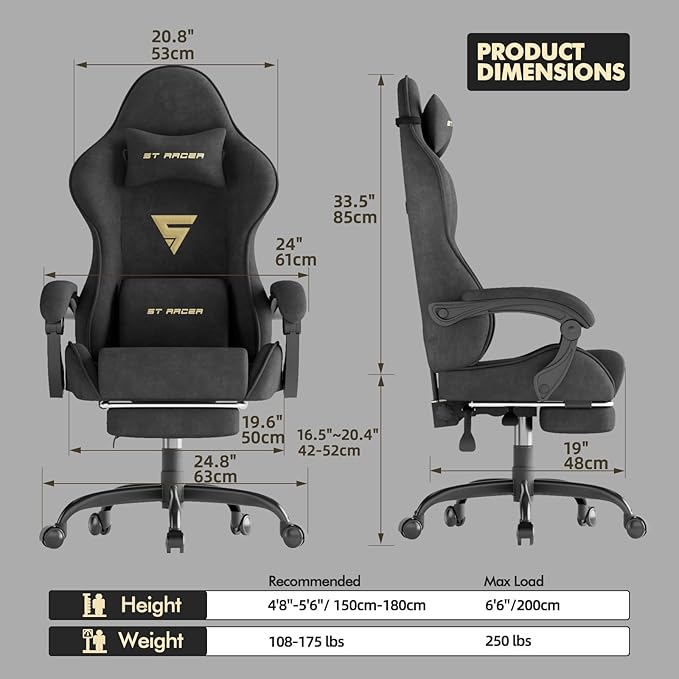 Huracan Velvet Fabric Gaming Chair with Footrest for Adults Ergonomic Gaming Chairs with Massage Lumbar Reclining Racing Computer Chair with Spring Cushion for Home Office Video Game Black