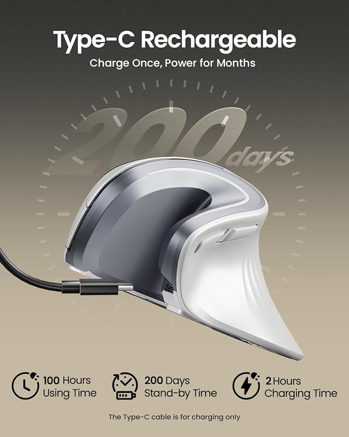 ProtoArc Ergonomic Mouse EM11 NL Bluetooth Rechargeable Wireless Vertical Mouse 3 Multi-Device Connectivity for Computer/PC/Laptop 2.4GHz USB-A Optical Mice for Windows Mac OS White