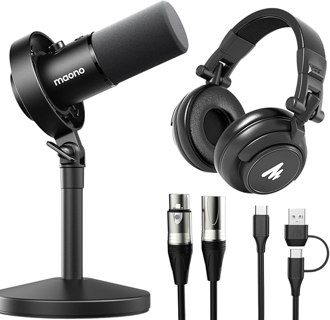 MAONO USB XLR Dynamic Microphone Studio Headphone Bundlefor Studio Recording Streaming Content Creation(PD00XT+MH601+XLR-180)