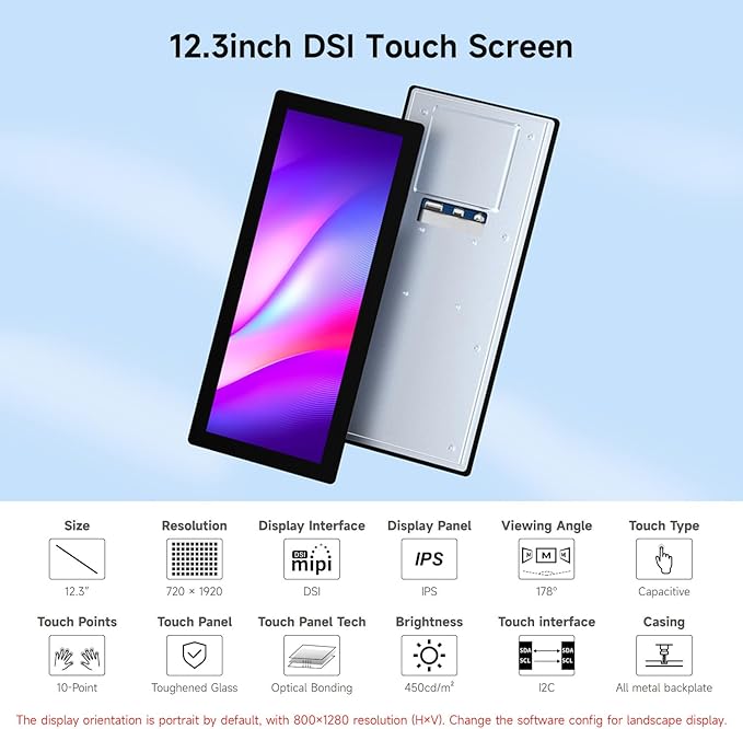 waveshare 12.3inch DSI Capacitive Touch Screen Compatible with Raspberry Pi 5 / CM5 and RK3576 720 × 1920 IPS 10-Point Touch Optical Bonding Toughened Glass Panel