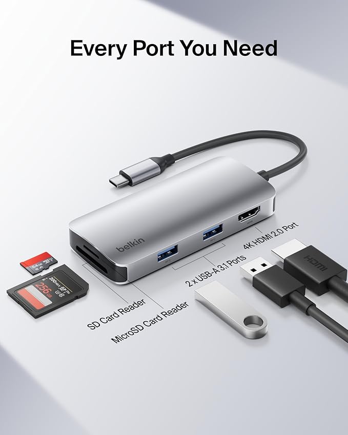 Belkin USB-C Hub 5-in-1 Multiport Adapter - USB-C Docking Station with 4K HDMI 2 x USB-A Ports SD Card Slot &amp MicroSD Card Slot for MacBook Pro Air iPad Pro XPS and More