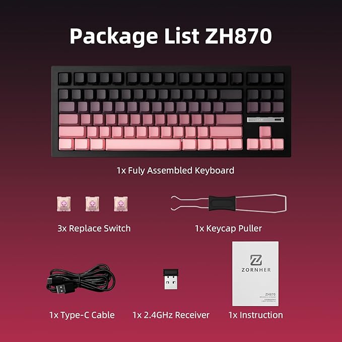 ZORNHER ZH870 Wireless Mechanical Gaming Keyboard80% Pink &amp Purple Custom Creamy Sound Keyboard with Shine Through PBT KeycapsPre-lubed Linear SwitchesHot-SwappableRGB Backlit2.4GHz/USB-C/BT5
