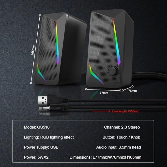 3.5mm Aux 2.0 Stereo Surround Music RGB Gaming Speakers Sound Bar for Computer Desktop PC Loudspeakers