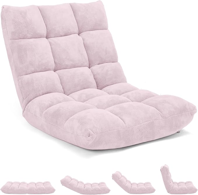 MAT EXPERT Floor Chair with Back Support Floor Gaming Chair w/ 14 Adjustable Position Soft Coral Fleece&ampAlloy Steel Frame Foldable Padded Lazy Couch Recliner for Meditating (Pale Pink Large)