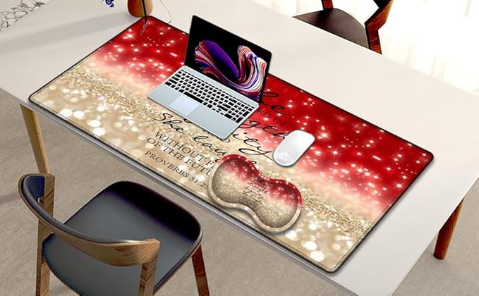 TCG Gaming Pad + Wrist Pad Set MTG Play Mat Office Mouse Pad 24 x 14 Table Mat Edge Stitched Non-Slip Base - Red Glitter Quote Proverbs 31-25
