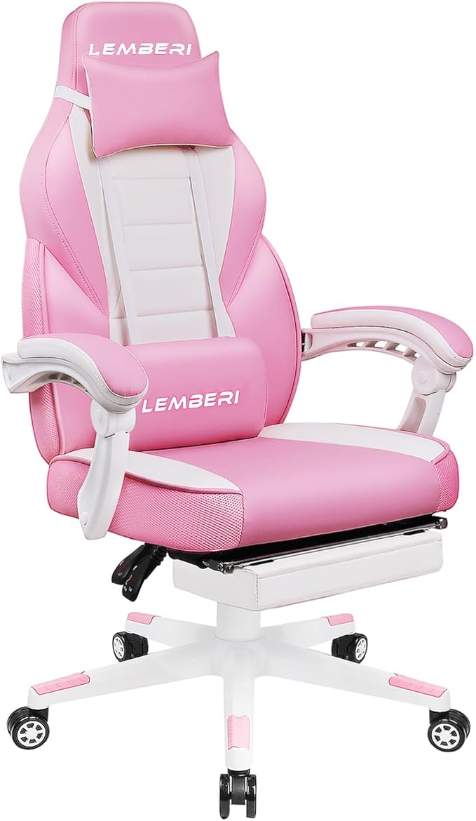 LEMBERI Pink Gaming Chair with footrest Kawaii Cute Pink Gamer Chair for GirlGirls Video Game ChairsComputer Gaming Chair with Headrest and Lumbar Support