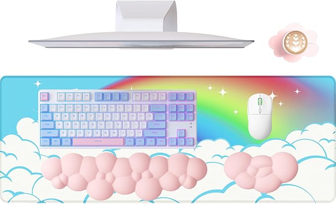 ATTACK SHARK 4 in1 Cloud Mouse PadKeyboard Wrist RestMouse Wrist Rest Supportand Leather Coaster Set with Office Desk MatNon-Slip PU Desk Pad Memory Foam Ergonomic Pain Relief for Office and Home