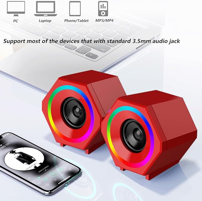 Generic Computer Speaker Game Wired RGB Speaker USB and 3.5mm Audio Inputs RGB Lights Desktop Small Speaker Red