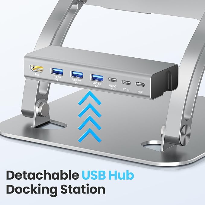 tounee Laptop Stand with Detachable USB-C Hub 100W PD Charging 4K@60Hz HDMI 3 USB Ports Ergonomic Laptop Holder Docking Station for 10-17 Laptops MacBook &amp More - Silver