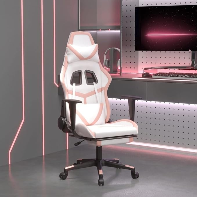 Massage Gaming Chair with Footrest White&ampPink Faux Leather