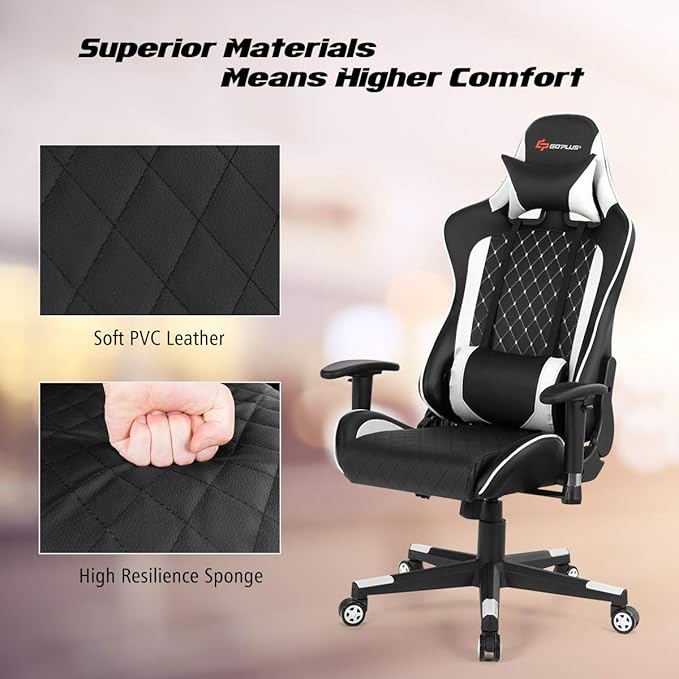 POWERSTONE Gaming Chair Gaming Recliner with Adjustable Armrest Massage Lumbar Pillow Wide Cushion Ergonomic Office Computer Chair for Adults White