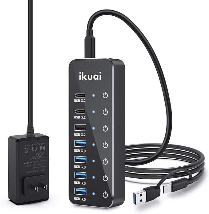 Powered USB Hub ikuai 7-Port USB 3.2 / USB C Hub with 3 10Gbps Data Ports (2 USB-C + 1 USB-A) and 4 USB A 3.0 Ports for PC Laptops