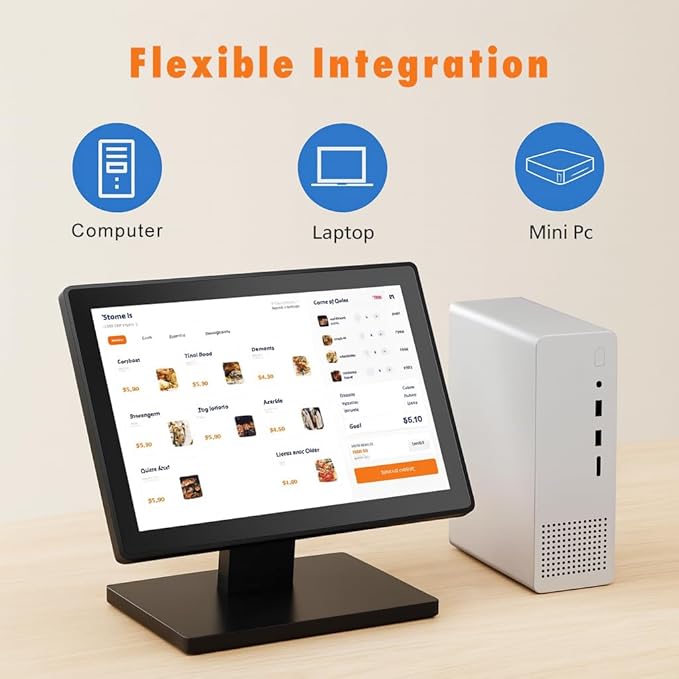 ANGEL POS 12” Touch Screen Monitor 1366×768 HD POS Display with HDMI &amp VGA Splash-Resistant Front Adjustable Metal Stand Ideal for Customer Display Checkout Counter or POS Terminal
