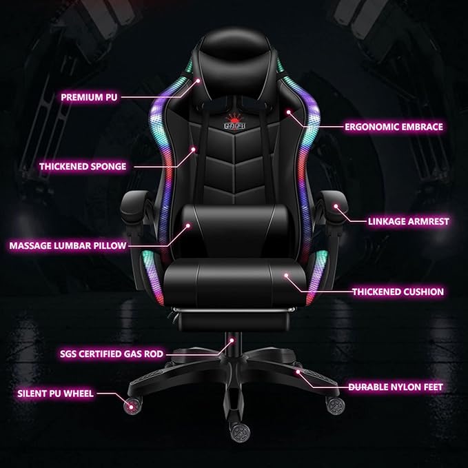 Video Game Chair with Speakers and RGB Lights Massage Ergonomic Computer Gaming Chair with Footrest and Lumbar Support 90°-135° Tilt Rocking Chair Gaming Chairs for AdultsRed