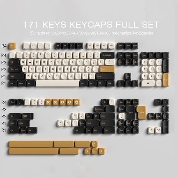 Double Shot PBT Keycaps171 Keys YMK Profile Keycaps Classic Black &amp White Gold Custom Dye-Sub Retro Keycap Set for Cherry MX Switches ISO/ANSI UK Layout Mechanical Gaming Keyboard(Black White Gol