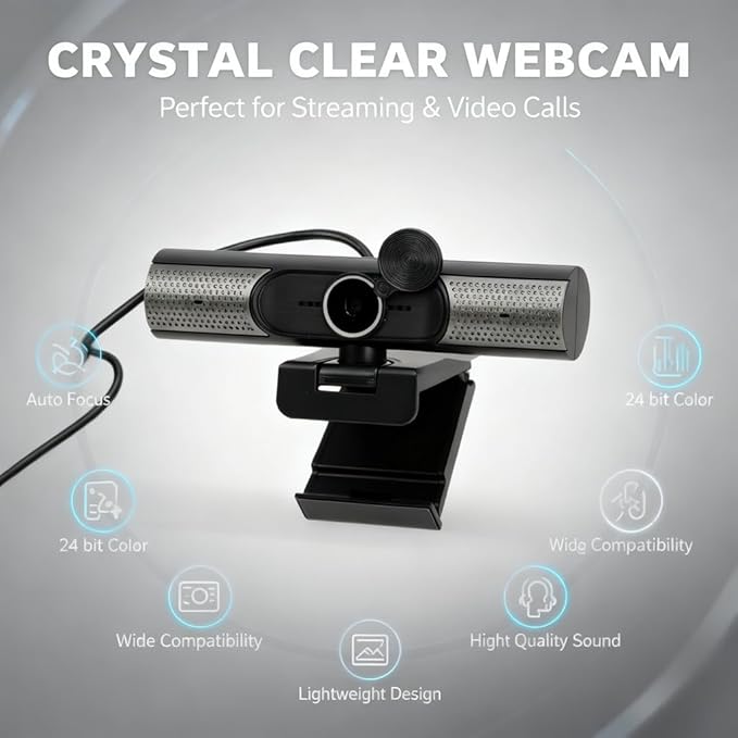 PC Webcam with Microphone 2K 30fps Auto Focus USB Computer Web Camera with Lens Cover - Wide Angle 90 Degree Plug and Play Ideal for Video Conference and Live Streaming