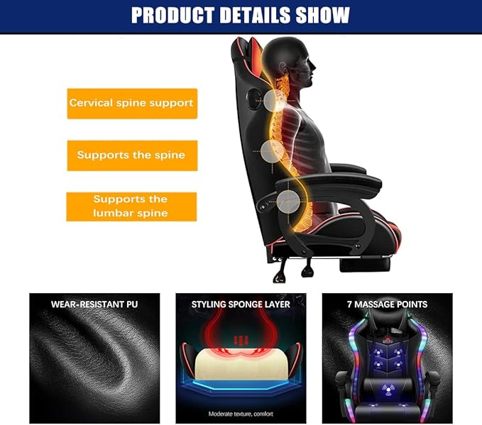 TBQATNTS Gaming Chair Gaming Chair with 7-Point Massage Function Computer Chair with Speakers and RGB Lights Ergonomic Racing Chair Gaming Chair for Adults with Headrest and Lumbar Pillow.Black