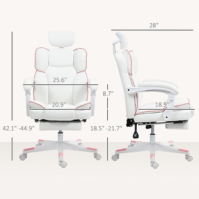 Ergonomic Office Desk Gaming Computer Chair Comfy High Back Executive Chairs with Armrests and Footrest Adjustable Height Swivel Rolling PU Leather Video Game Chairs for Home (White)