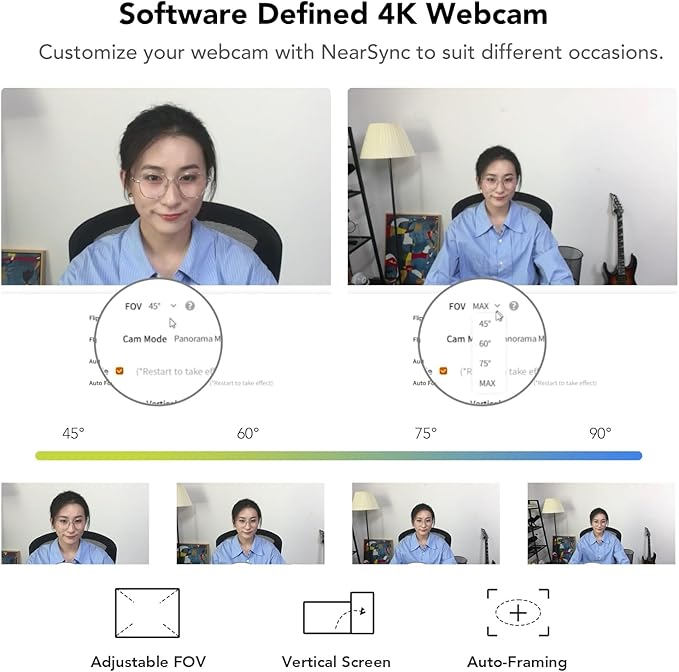 NUROUM V32AF 4K Webcam for PC Adjustable FOV Premium CMOS Autofocus Auto-Framing Noise Canceling Microphones USB Plug&ampPlay Web Camera for Desktop/Laptop/Mac Video Calls w/Zoom/Teams/Google M