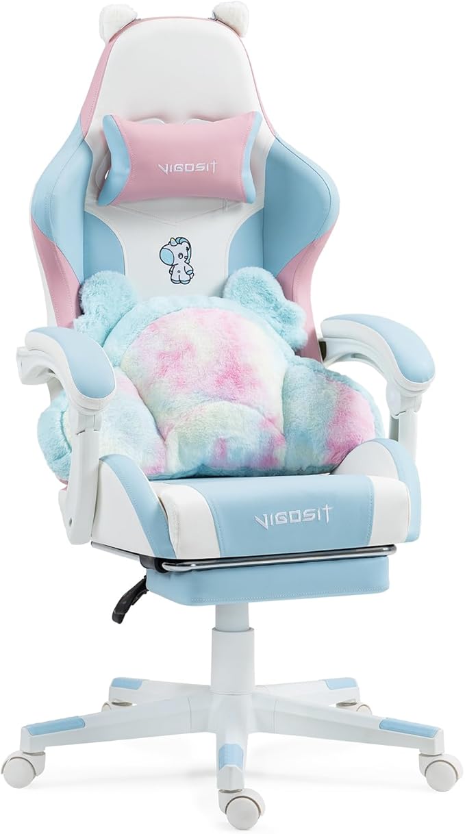 Gaming Chair Cute with Cat Ears Paw Lumbar and CushionErgonomic Computer Chair with FootrestReclining PC Game Chair for Girl Computer Chair 300lbs for Adult (Blue&ampPink)