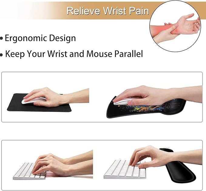Keyboard Wrist Rest and Mouse Pad Wrist Support Set Ergonomic Gel Mouse Pad Wrist Rest with Non-Slip Base for Home Office Desk Pad Easy Typing Cool Painted Dinosaur Black Gaming Mouse Mat