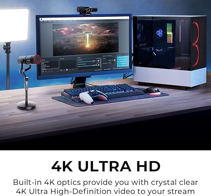 AVerMedia Live Streamer CAM 513-4K 30 fps UHD Ultra Wide Angle Webcam with Fixed-Focus Glass Lens for Indoor Lighting Works with OBS Zoom Black