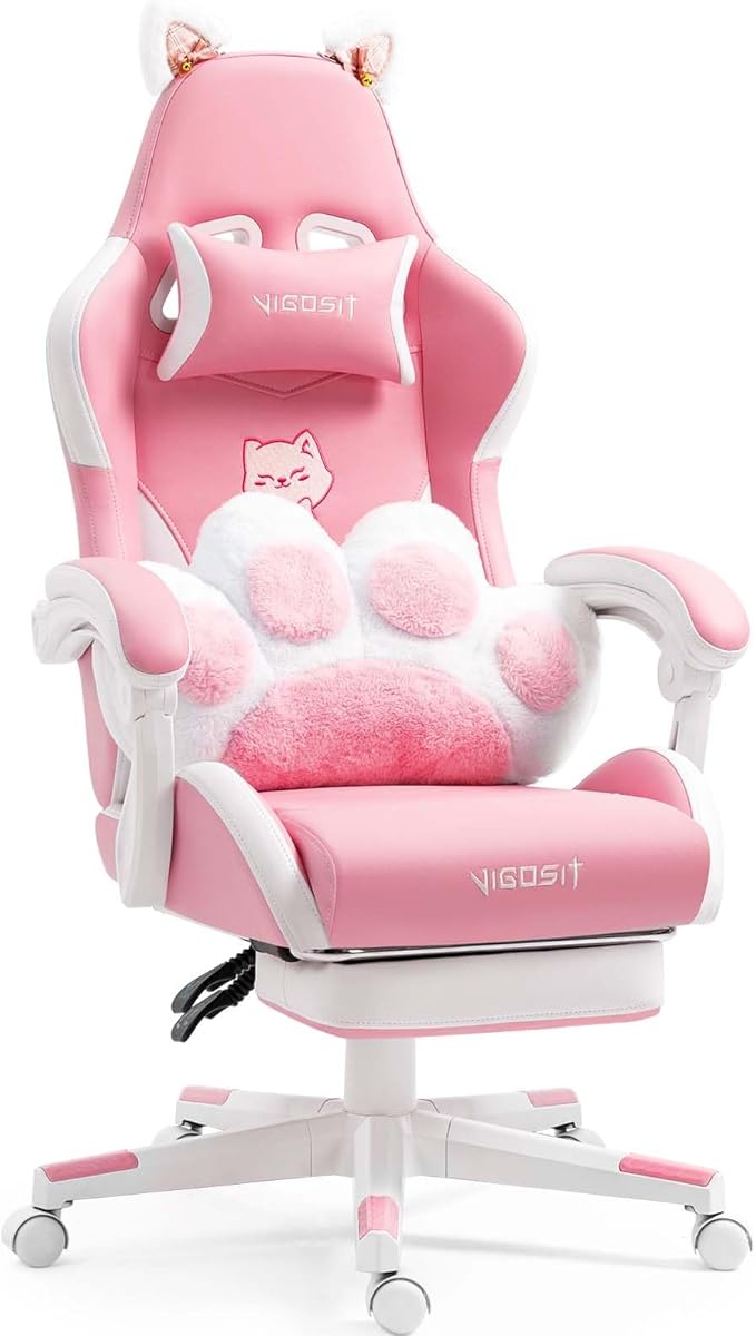 【Gaming Chair with Paw Cushion】 Kawaii PC Gamer Chair for Girls Teens Adjustable Height &amp 90-155° Recline 360° Swivel with Retractable Footrest (Pink)