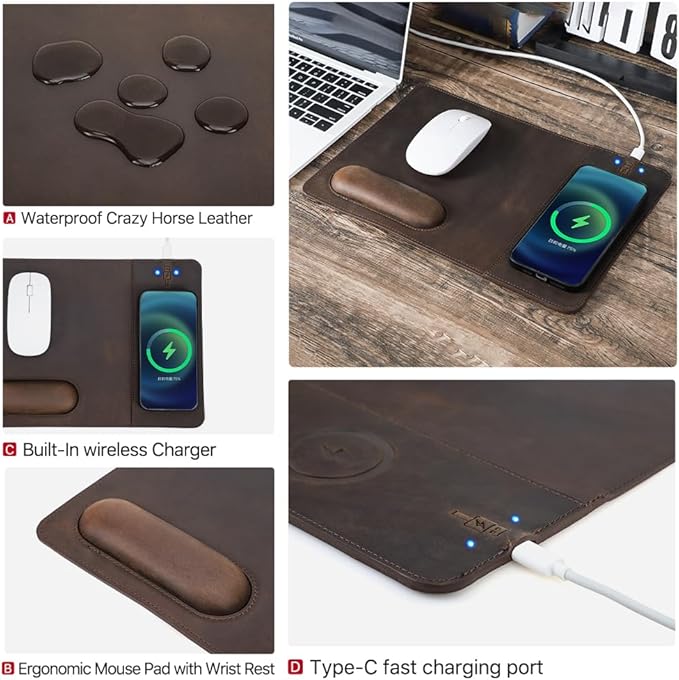 Hiram Premium Crazy Horse Leather Mouse Pad with 15W Wireless Charging - Ergonomic Wrist Rest Waterproof and High-End Cowhide Touch(12in x 9in)