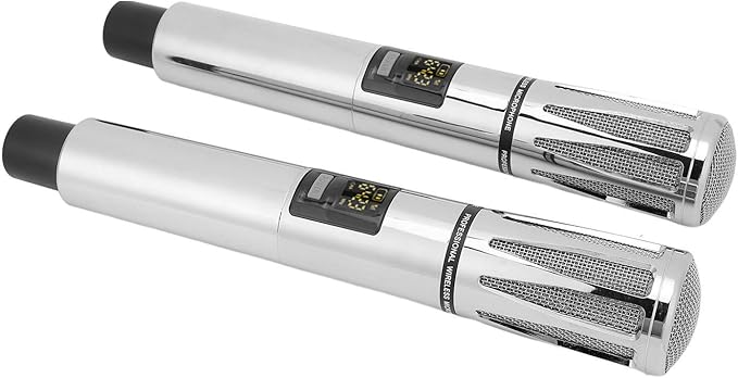 Acouto Professional UHF Cordless Dynamic Mic Microphone System Metal with Rechargeable Receiver 6.35mm F Wedding DJ Party Speech Use 240ft No Tangled Cords Plug and Play (Silver Color)