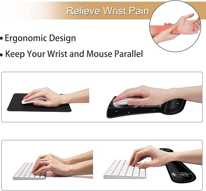 Keyboard Wrist Rest and Mouse Pad Wrist Support Set Ergonomic Gel Mouse Pad Wrist Rest with Non-Slip Base for Home Office Desk Pad Funy Skeleton Skeleton Planet Pattern Black Gaming Mouse Mat