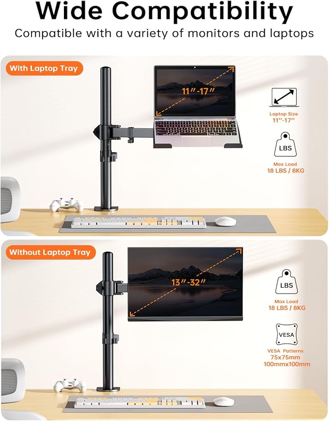 H&ampC(hcck&ampCllassp) Laptop Desk Mount for 11-17 Notebook Fully Adjustable with Tilt Swivel Rotation Extension Single Laptop Arm with Vented Tray C-clamp Black
